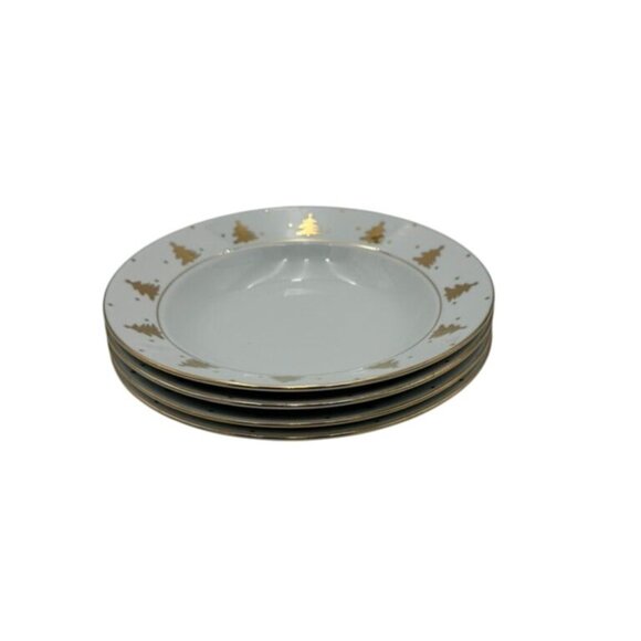 Tienshan Pines Christmas Tree Soup Bowls 8" Set 4 Holiday White Gold Winter - Picture 3 of 4